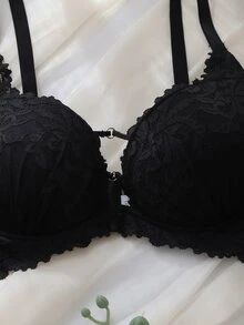 DelicateAllure Áo ngực size lớn màu đen có gọng, cúp đúc, nâng đỡ cao, khe ngực thấp, phối ren, phong cách Pháp lãng mạn - màu đen - Xem 4