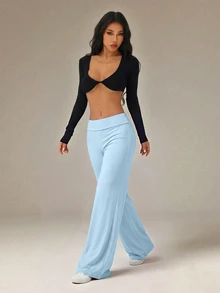 SHEIN PETITE 黑色高腰寬腿寬鬆休閒長褲 - 淺藍色 - 查看 7