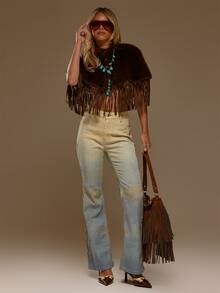 MUSERA Faux Fur Fluffy PU Fringed Detail Button Through Poncho Top Autumn Winter Fall Western Cowgirl Cute - Mocha Brown - View 4