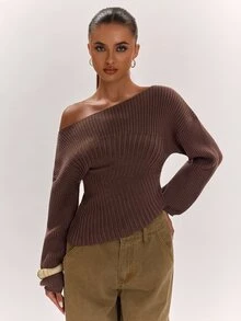 SHEIN BAE Autumn/Winter New Women's Fashion Versatile Elegant Chic Solid Color Knitted Fitted Ruched Casual Sweater - Brown - View 6