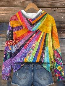 Breezaya Plus Size Women's Vintage Blue 3D Floral Embroidery Graphic Sweatshirt, Boho Lace Patchwork Long Sleeve Washed Blue Hooded Sweatshirt, Fall - Multicolor - View 2