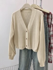 SHEIN 青少年女孩純色V領開襟短版休閒寬鬆落肩長袖秋季針織衫 - 杏色 - 查看 3