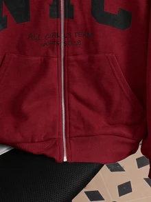 SHEIN 青少年女孩秋冬新款酒紅色針織時尚百搭字母印花休閒衛衣，返校季 - 酒紅色 - 查看 5
