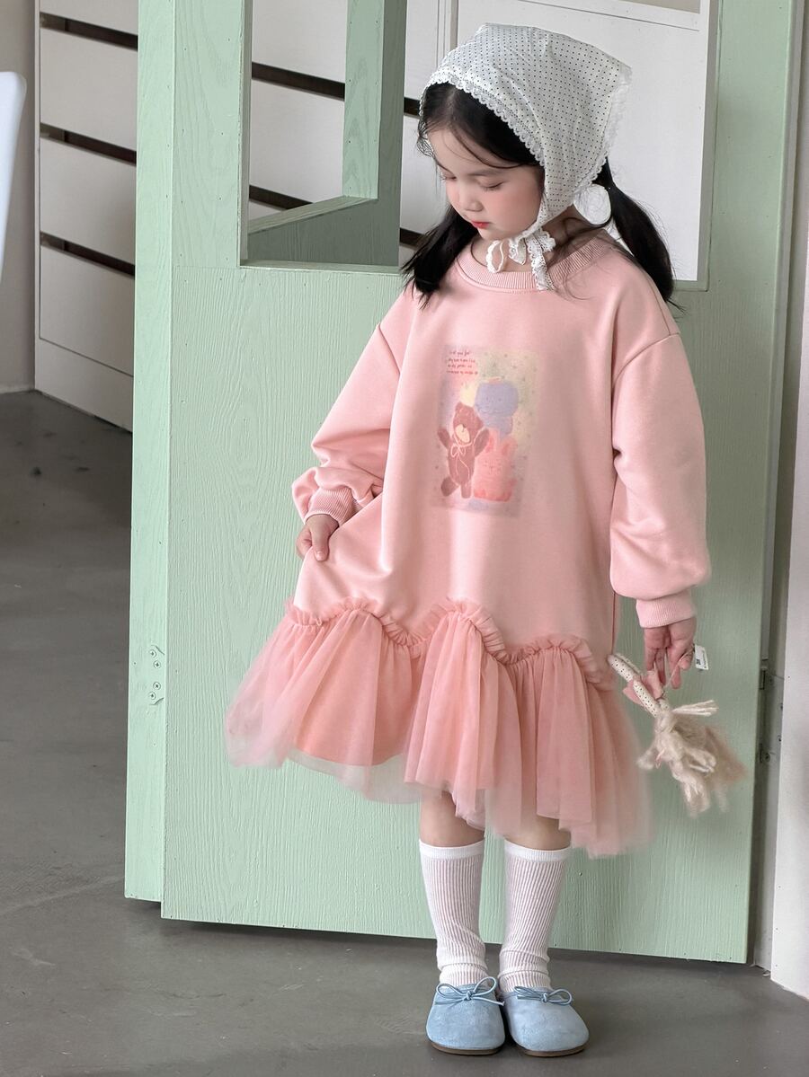 DAZY Young Girls Cartoon Print Tulle Layered Casual Fashion Creative Personalized Fresh Cute Dress - Pink - View 1