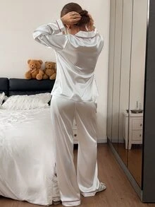 Napfluff Contrast Trim Faux Silk Long Sleeve Pants Pajama Set For Women - White - View 2