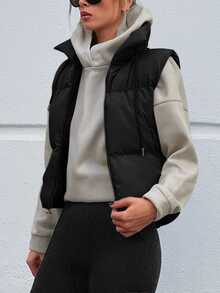 SHEIN Petite Size Zip Up Detailed With Drawstring Solid Black Color Casual Puffer Vest Coat - Black - View 4