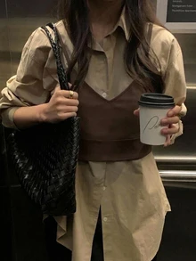 DAZY 素色修身短版細肩帶背心上衣，可疊穿休閒度假韓風春/秋女款背心 - 咖啡棕 - 查看 2