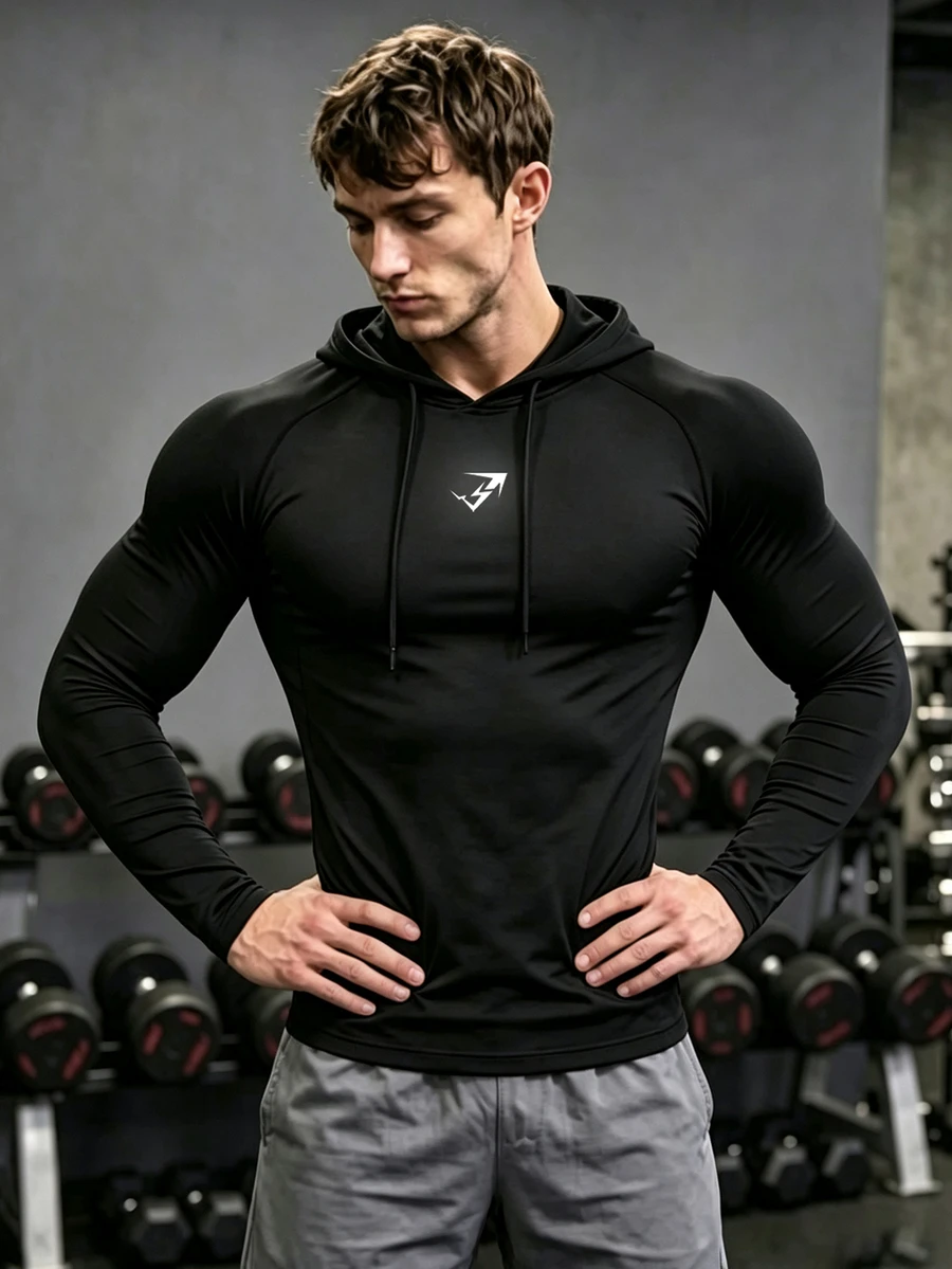 GymBeat Men's Hooded Drawstring Long Sleeve Sports Sweatshirt - Black - View 1