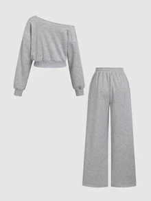 Sweetra Women's Asymmetrical Shoulder Long Sleeve Sweatshirt And Sweatpants Casual 2 Pieces Set - Light Grey - View 2