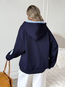 Easowa Women's Patchwork Striped Drop Shoulder Long Sleeve Casual Hooded Sweatshirt - Navy Blue - View 5