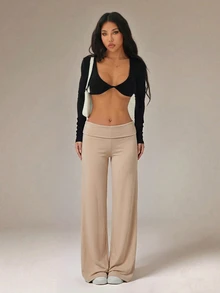 SHEIN PETITE 黑色高腰寬腿寬鬆休閒長褲 - 卡其色 - 查看 5
