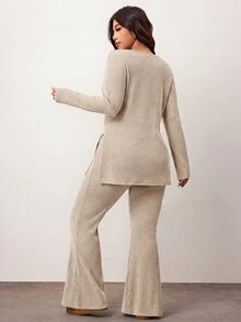 Enliva Plus Size Casual Home 2 Pieces Set: Minimalist Cold Shoulder Ribbed Design, Suitable For Autumn/Winter Wear, Flattering For Curvy Figures - Apricot - View 2