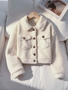 SHEIN 青少年女孩外套 秋冬街頭風 加厚泰迪絨 大貼袋 對比色鈕扣 翻領機車夾克，適合秋冬日常穿著 - 米色 - 查看 1