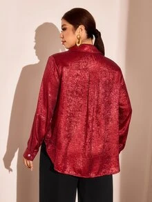 Cravure Autumn Pearlescent Texture Fashion Elegant Commute Party Date Loose Lightweight Textured Draped High-End Women's Blouse - Burgundy - View 2