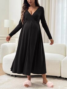 Slowluna Maternity Nursing Dress With Pleated Design, Minimalist Style For Pregnant And Postpartum Women - Black - View 7