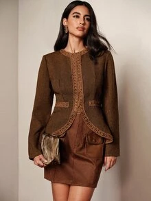 BELROSIE Women's Autumn/Winter Brown Round Neck Lace Trim Waist-Cinching Blazer - Brown - View 3