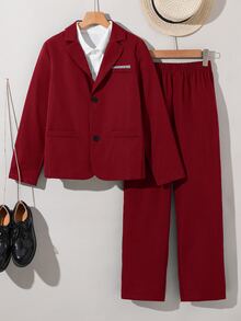 SHEIN 2pcs/Set Kids Tween Boy Summer Casual Academy Cute Gentleman Outfit Solid Color Blazer & Elastic Waist Formal Pants Set Suitable For Birthday Party, Evening Event, Performance, Wedding - Red - View 6