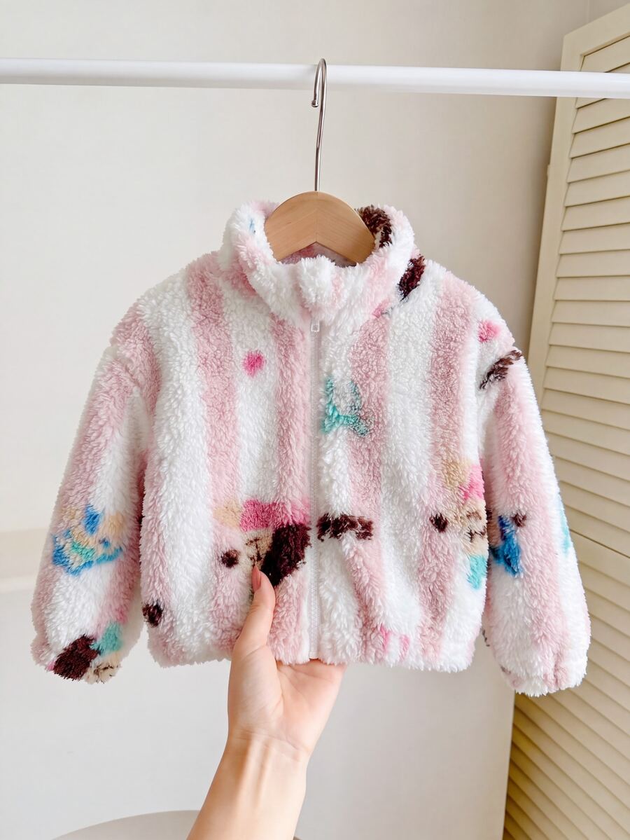 SHEIN 女嬰可愛百搭休閒毛絨碎花長袖冬季外套 - 淺粉色 - 查看 1