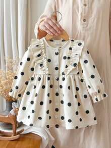 SHEIN Vintaside Kids 幼女甜美優雅米色黑色波點荷葉邊鈕扣長袖圓領修身A字裙，適合生日派對、婚禮賓客、秋季假期 - 白色 - 查看 3