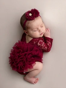 SHEIN Newborn Baby Girl Lace Tutu Romper Cute Gender Neutral Burgundy Red Flower Ruffle Tulle Long Sleeve V-Back Wedding Baby Shower Dress Autumn - Burgundy - View 1
