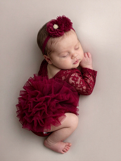 SHEIN Newborn Baby Girl Lace Tutu Romper Cute Gender Neutral Burgundy Red Flower Ruffle Tulle Long Sleeve V-Back Wedding Baby Shower Dress Autumn
