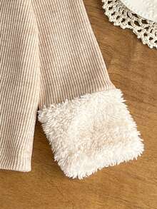 SHEIN 2pcs Toddler Girl Top + Pants Set Cute Sweet Beige Ribbed Knit Fuzzy Cuffs Long Sleeve Round Neck Thick Holiday Winter Fall Solid - Apricot - View 4