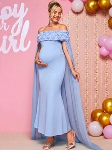 Loomaby Maternity 3D Floral Decor Off-Shoulder Elegant Party Dress - Blue - View 13