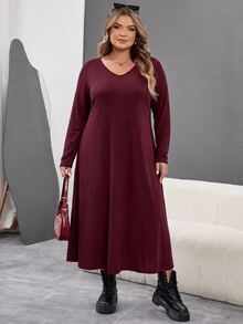 SHEIN CURVE+ Women's Plus Size 22W V-Neck Long Dress, Autumn/Winter - Burgundy - View 5