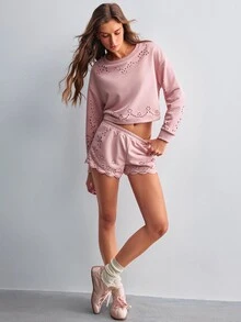Willow Rêve Women's Pink Hollow Embroidery Long Sleeve Sweatshirt And Shorts 2 Pieces Set, Casual Style, Romantic Style, Valentine's Day - Pink - View 3