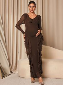 MaterniChic Maternity Solid Color Ruffle Hem Casual Party Dress - Coffee - View 6