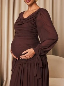 MaterniChic Maternity Solid Color Pleated Casual Party & Travel Dress - Brown - View 2