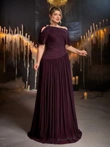 Glamrae Plus Size Elegant Romantic Asymmetrical Shoulder Ruched Sleeve Korean Style Full Skirt Evening Dress For Wedding, Single Party, Vacation, Holiday, Gathering, Music Festival, Graduation Season, Dinner - Red Violet - View 6