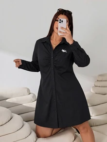 Solflare Plus Size Women's Collared Long Sleeve Black Mini Dress - Black - View 4