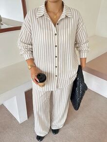 Dazy Plus Fun Commute Office Casual Striped Loose Fit Spring/Autumn New 2 Pieces Set - Apricot - View 5