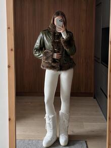 SHEIN ICON Women's Fashion Faux Fur Long Sleeve Jacket With Horn Button Placket - Army Green - View 3
