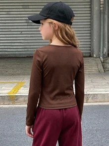 DAZY Tween女孩棕色修身長袖半鈕扣前襟內搭圓領T恤，秋季 - 棕色 - 查看 2