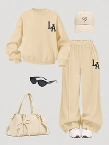 SHEIN 少女休閒「LA」字母印花針織素色寬鬆落肩長袖衛衣與百褶寬腿運動褲套裝，女孩秋季服飾，女孩秋季穿搭，女孩冬季服飾 - 杏色 - 查看 8