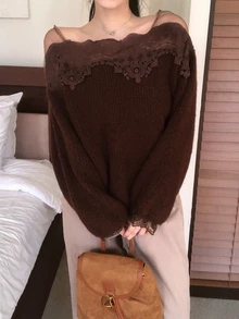 DAZY Women's Mesh Lace Patchwork Long Sleeve Elegant Banquet Net-Like Autumn/Winter Solid Color Sweater - Coffee Brown - View 7