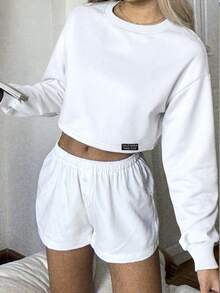 CovetEZ Casual Minimalist Graphic Print Crew Neck Long Sleeve Loose Short Sweatshirt For Women, Suitable For Autumn/Winter Home Leisure - White - View 3
