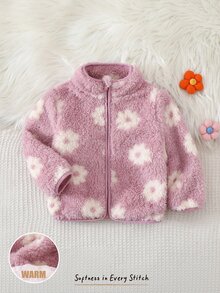 Cozy Pixies 女嬰花卉印花抓絨內裡圓領長袖外套，百搭舒適秋冬女童衣物 - 淡紫色 - 查看 7