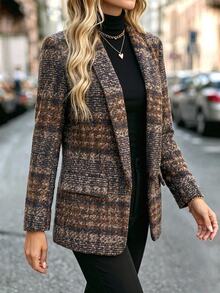 SHEIN Women's Fashion Tweed Plaid Buttonless Cardigan Jacket, Casual Blazer For Autumn/Winter, Suitable For Daily Commute, Outings, Workplace Wear - Brown - View 5