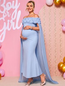 Loomaby Maternity 3D Floral Decor Off-Shoulder Elegant Party Dress - Blue - View 10