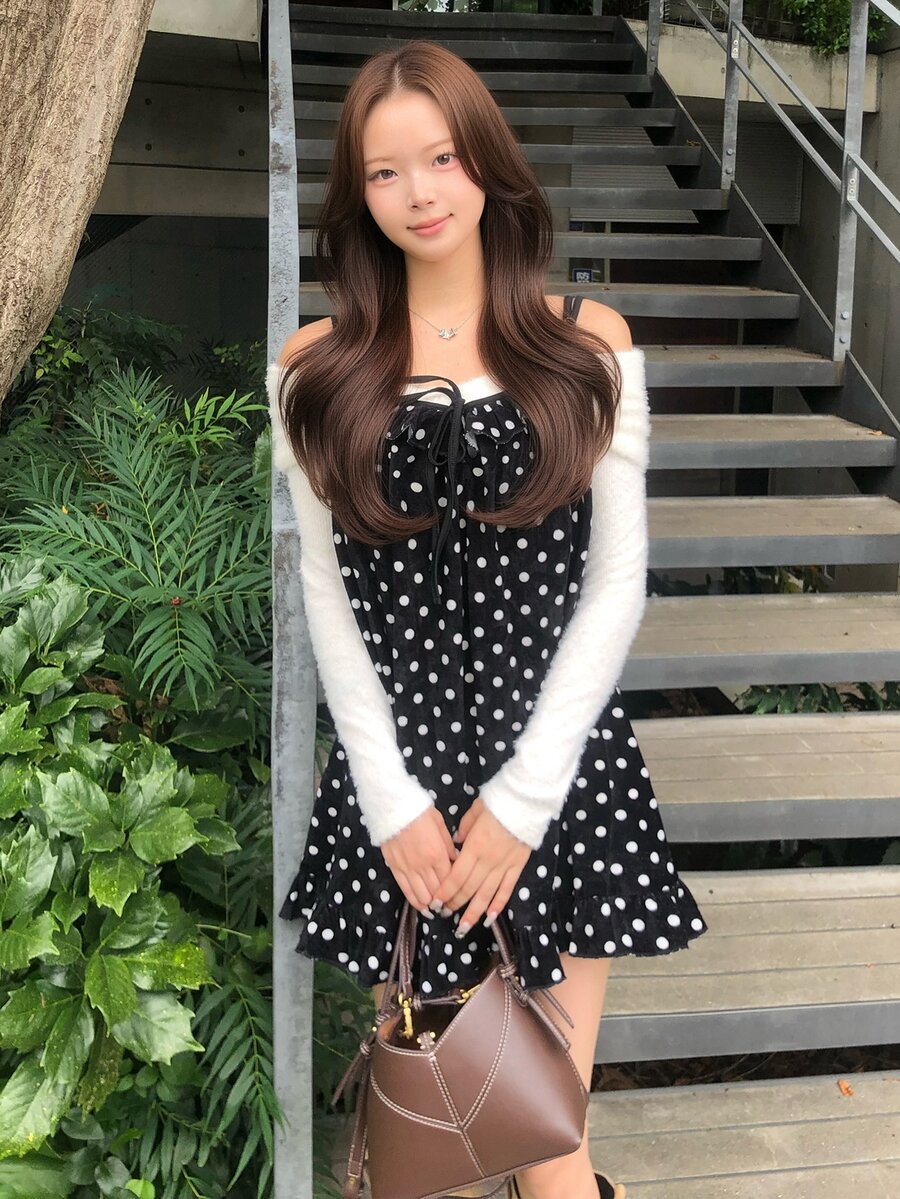 FRIFUL 女款波點休閒百搭日常穿著細肩帶背心上衣 - 黑色 - 查看 1