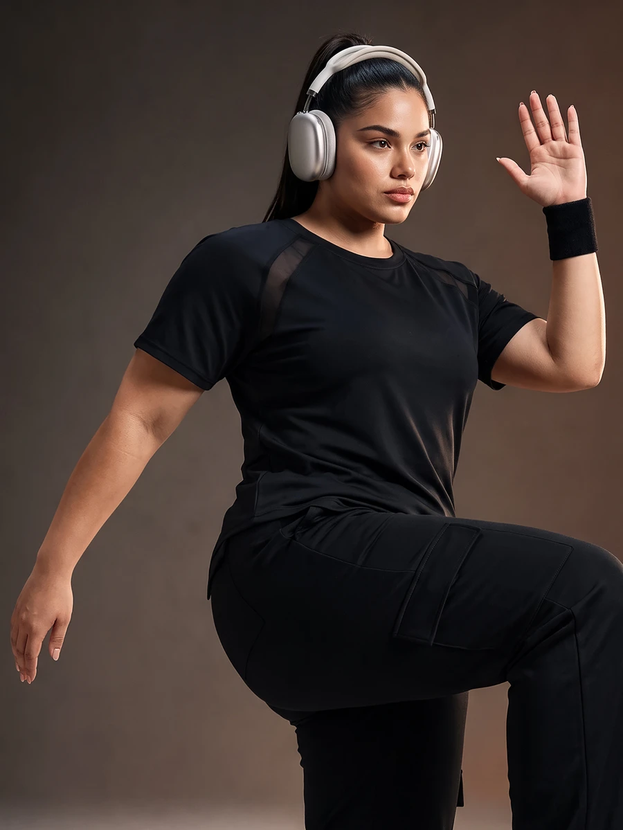 Powerista تي شيرت رياضي وتوب بدون أكمام للنساء بمقاسات كبيرة - الأسود - مشاهدة 1