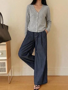 Dazy-Less Women's Grey Round Neck Button Cable Knit Long Sleeve Slim Fit Ribbed Cardigan, Autumn/Winter - Grey - View 4