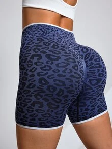 Slayform Seamless High-Waisted Tummy Control Leopard Print Colorblock Sports Shorts - Blue - View 1