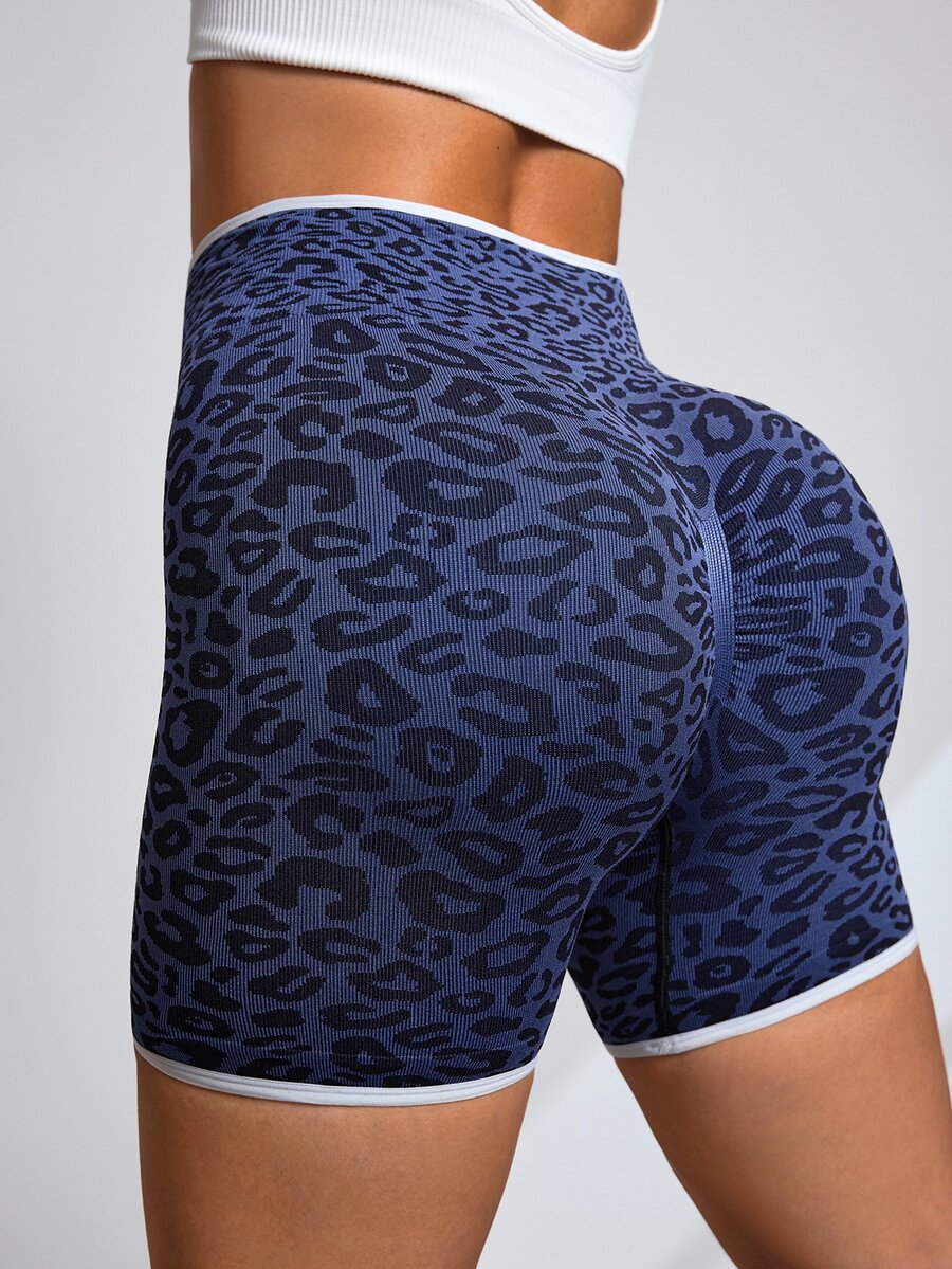 Slayform Seamless High-Waisted Tummy Control Leopard Print Colorblock Sports Shorts - Blue - View 1