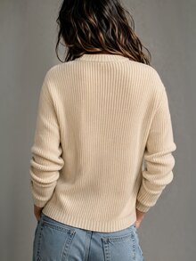 Balvessa Women's Solid Color Round Neck Frog Button Casual Daily Versatile Long Sleeve Knit Top - Apricot - View 2