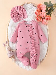 SHEIN 2件組新生女嬰連腳連身衣，甜美粉色愛心羅紋荷葉邊蝴蝶結長袖圓領，婚禮派對秋季假期彈性套裝 - 粉色 - 查看 6