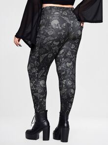 ROMWE Quần legging ôm dáng size lớn in toàn thân họa tiết đầu lâu xanh Gothic và cây cối - màu đen - Xem 3